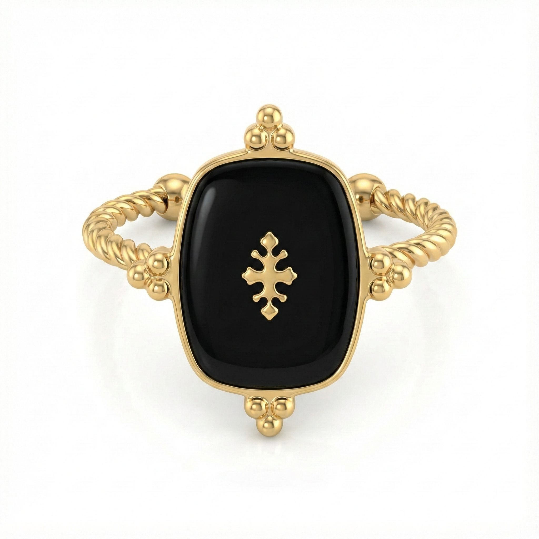 Bague médaillon noir en acier inoxydable doré avec symbole en relief